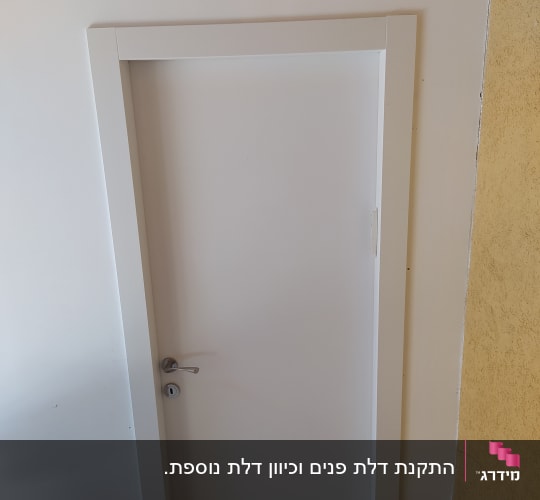 דלת לבנה עם ידית כסופה וקיר צהוב